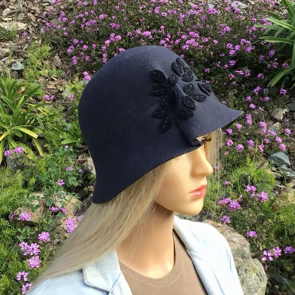New Cloche Hat 100% wool charcoal tone with flowers